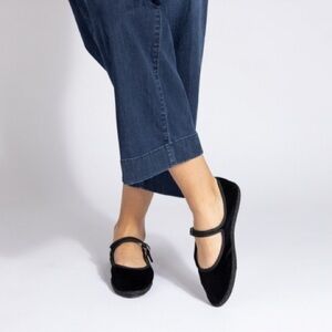 Black Velvet Mary Jane Flats with Adjustable Strap - Women's